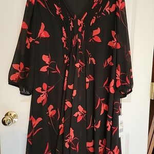 Calvin Klein Black & Red Floral Dress Plus Size 18W Pleated 3/4 Sleeves NWT